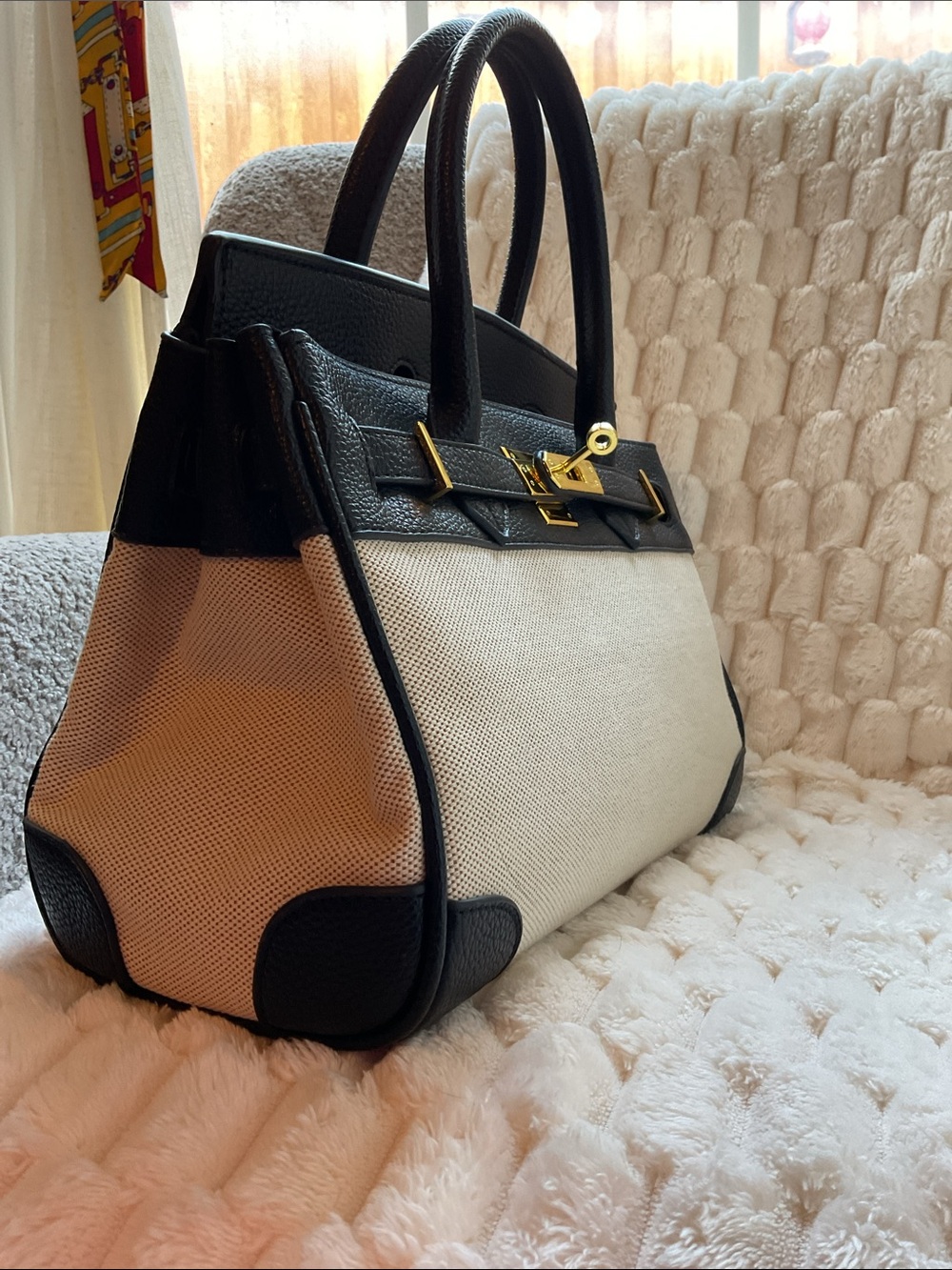 Canvas and Black Leather Top-Handle Satchel with Gold Hardware - Picture 4 of 9